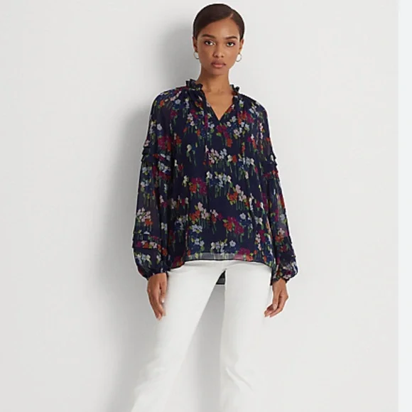 Lauren Ralph Lauren Floral Crinkle Georgette Blouse - Picture 6 of 14